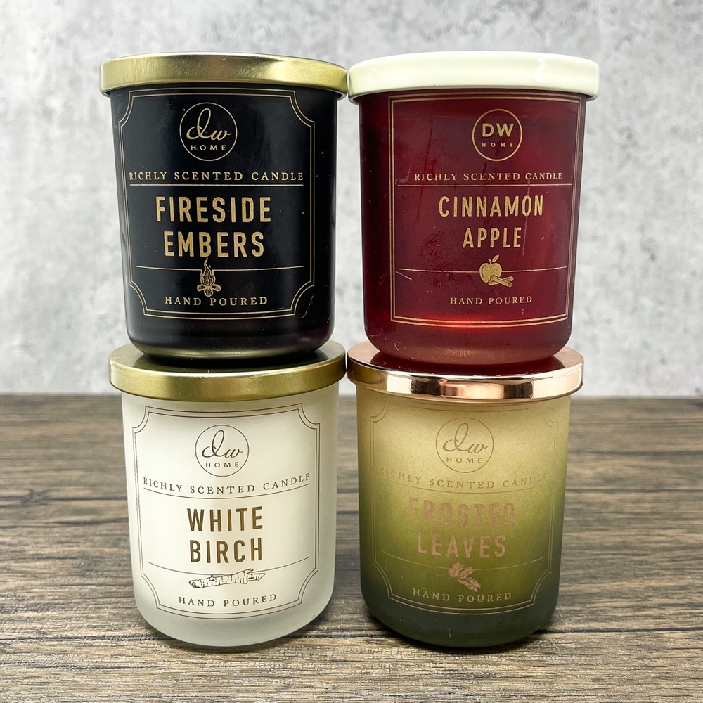 Set of 4 DW Home mini candles, 3.8 oz candles, warm comfortable autumn scents